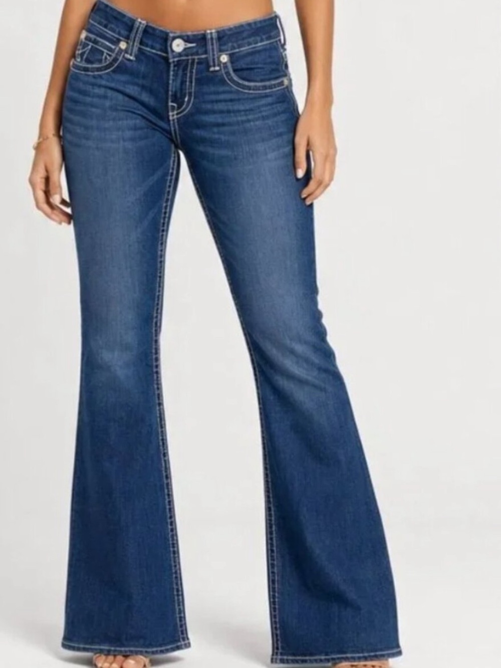 True Religion Joey Dark Blue Flare Jeans with Contrast Stitching